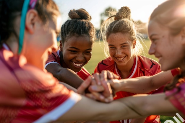 Smiling young female soccer players joining hands in unity on the field during sunset