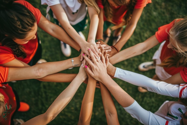 Smiling young female soccer players joining hands in unity on the field during sunset