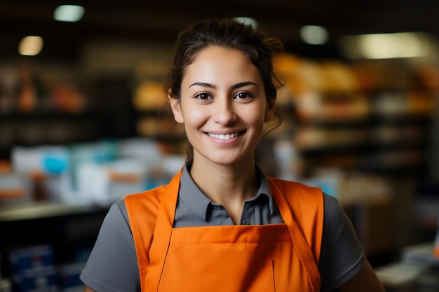 Smiling Young Female Supermarket Employee at Work Generative Ai