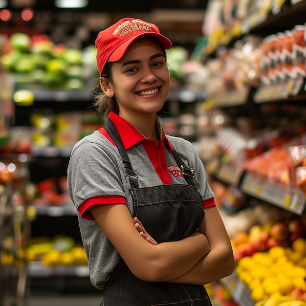 Smiling young female supermarket worker looking at the camera ar 169 style raw v 6