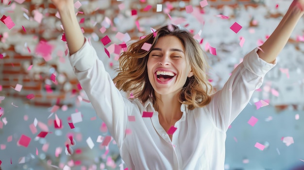 Smiling young female worker celebrating promotion