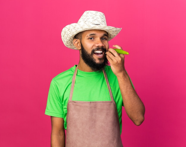 Smiling young gardener afro-american guy wearing gardening hat holding pepper showing smoking gesture isolated on pink wall