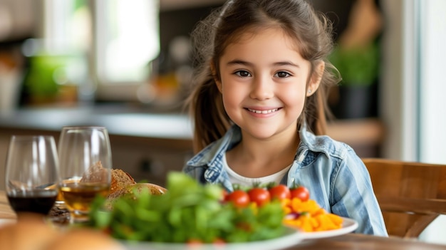 Photo smiling young girl enjoying a healthy meal in a bright kitchen