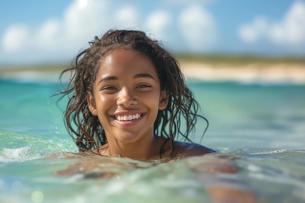 Smiling young girl enjoys a sunny day at the beach halfsubmerged in clear ocean water