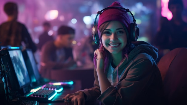 A smiling young girl is playing an internet video game with her online friends at a computer in a game room with neon lighting Cyber Sports Cyberpunk Online Championship Esports Hobby concepts