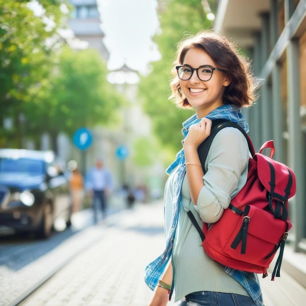 A smiling young girl student with a backpack walking in the park