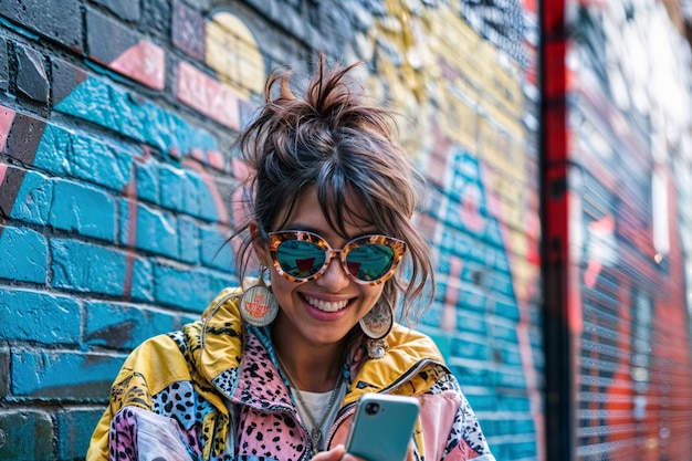 Photo smiling young girl using her smartphone with lots of flow on graffiti street