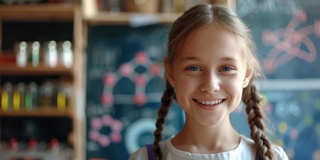 A smiling young girl with braids stands in front of a traditional chalkboard great for education or children39s themes