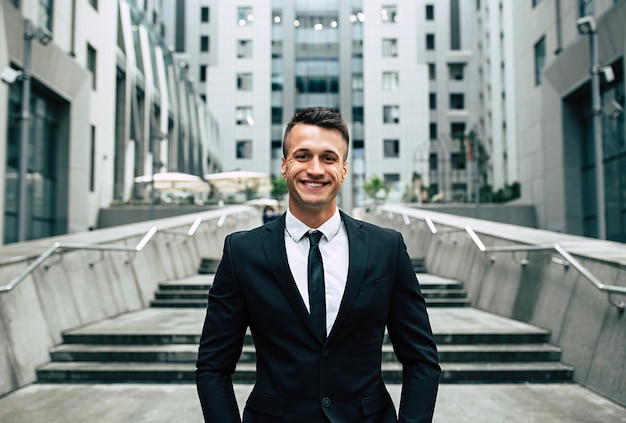 A smiling young handsome banker in a business black suit is happily looking at the camera