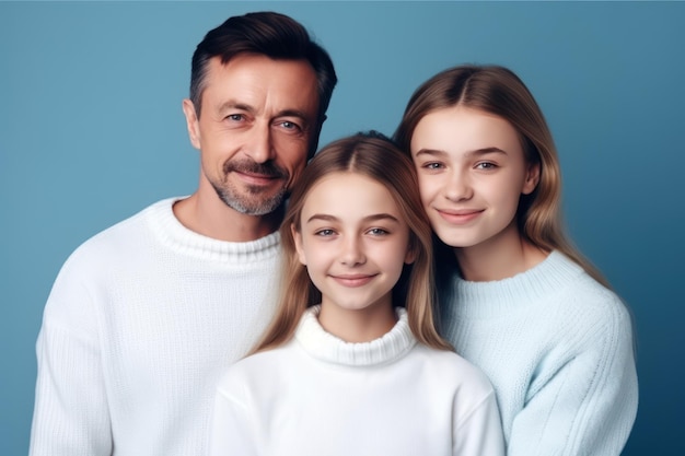 Smiling young happy parents mom dad with child kid daughter teen girl in basic white sweaters stand behind each other isolated on blue color background studio portrait family day parenthood concept