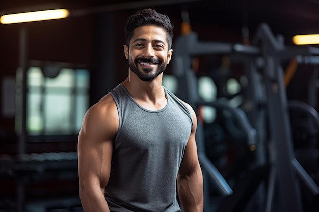 Smiling young Indian man wearing sportswear posing in gym