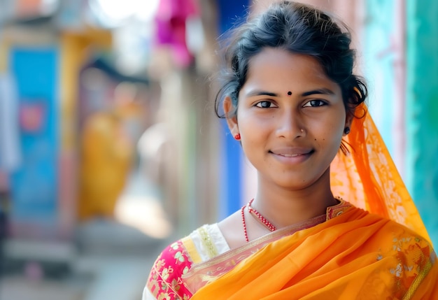 smiling young Indian village women female wearing traditional vibrant orange sari attire