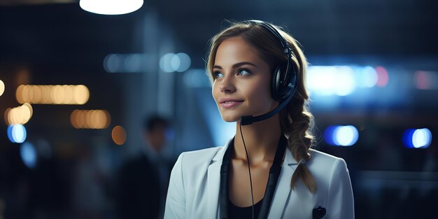 A smiling young lady contacted us with a CRM microphoneequipped headset Generative Ai