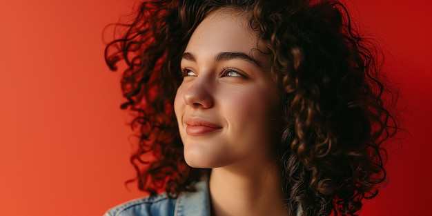 A smiling young Latin American woman with dark curly hair working in an office