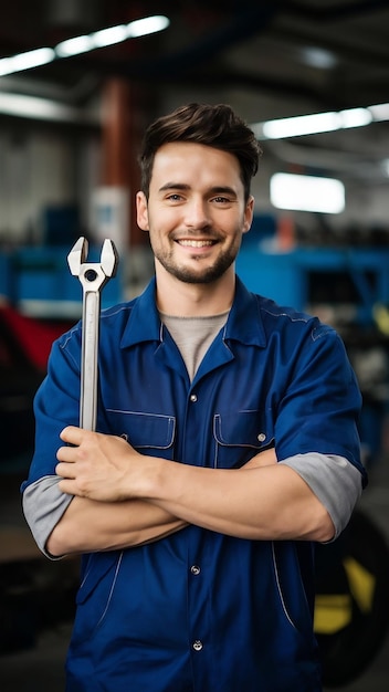 Photo smiling young male mechanic holding spanner