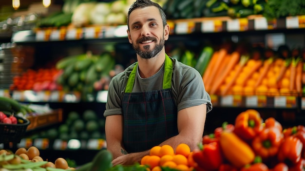 Smiling young male supermarket worker looking at the camera