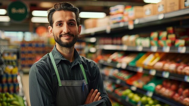 Smiling young male supermarket worker looking at the camera