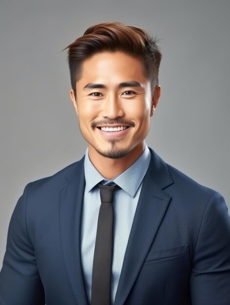 Smiling young man of Asian descent dressed in suit on gray background