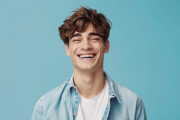 Smiling Young Man on Blue Background Positive Vibes Happy Expression Copy Space