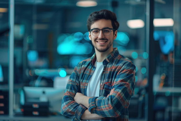 Smiling Young Man Blue Plaid Shirt Technology Startup Business Concept Blue Background