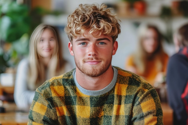 Photo smiling young man in a cozy cafe capturing the warmth comfort and relaxed atmosphere of socializing