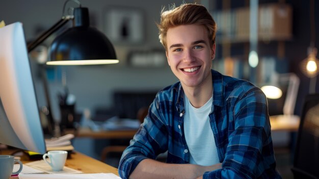 Photo the smiling young man at desk