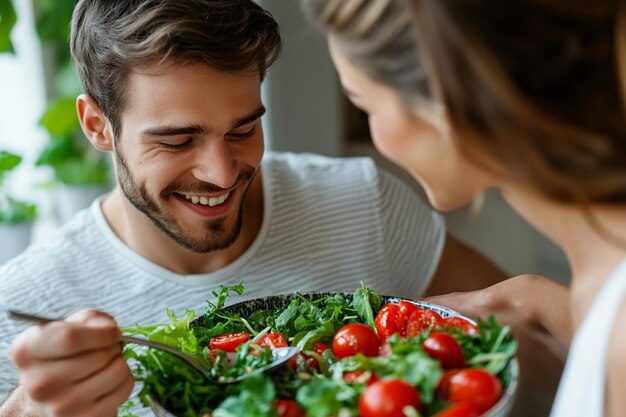 Photo smiling young man feeding salad to his wife with spoon