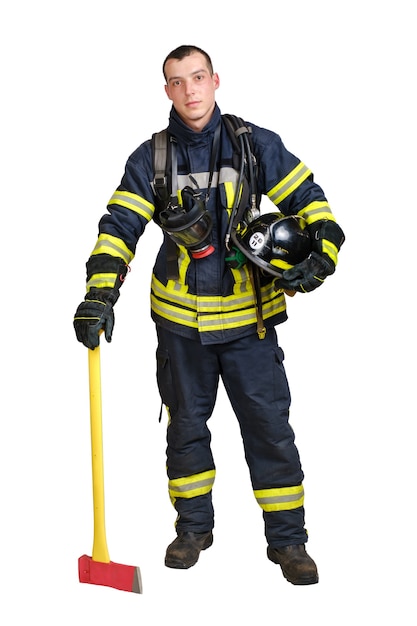 Smiling young man in firefighter uniform