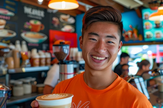 Smiling Young Man Holding a Cup of Coffee in a Vibrant Cafe Environment