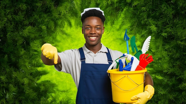 Smiling young Man holding and points at cleaning tools