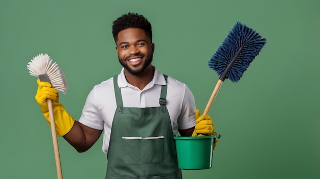 Smiling young Man holding and points at cleaning tools