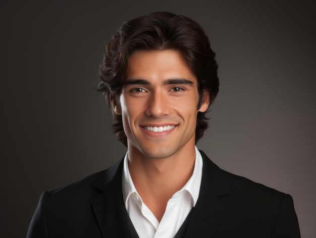 Smiling young man of Mexican descent against neutral background