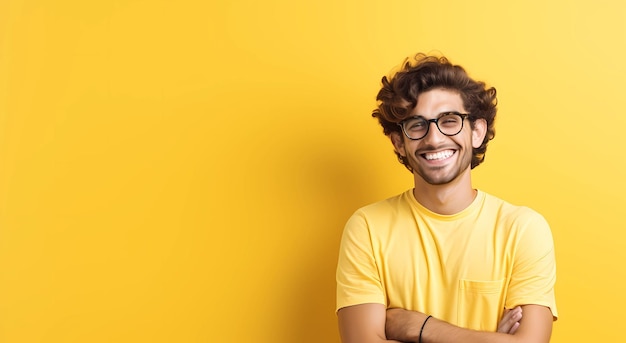 smiling young man wearing glasses and posing against yellow background