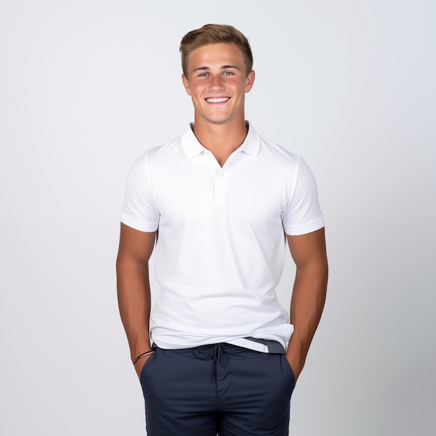 Smiling Young Man In White Polo Shirt And Navy Pants Isolated On White Background