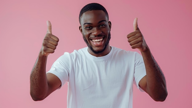 Smiling Young Man in White TShirt Giving Thumbs Up and Pointing