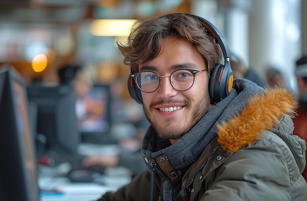 Smiling young man with headphones working on computer in a busy office environment