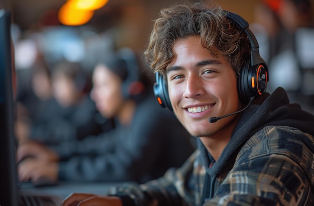 Smiling young man with headphones working on computer in a busy office environment