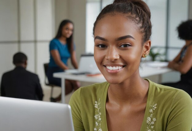 Smiling young professional in an office meeting cheerful demeanor and collaborative workplace