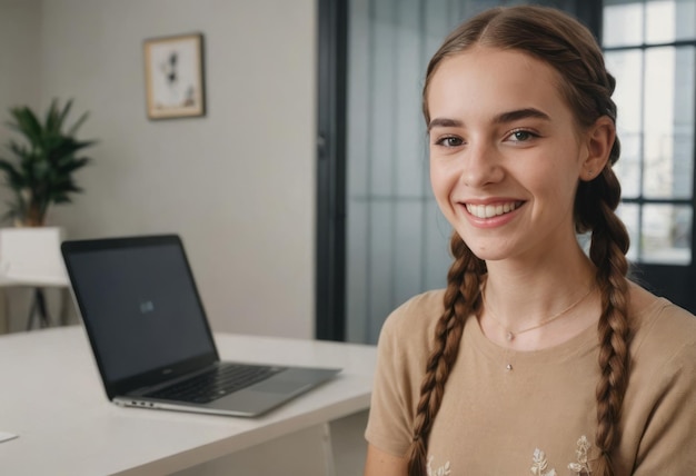 Smiling young professional using laptop in a bright office ambitious and driven work environment