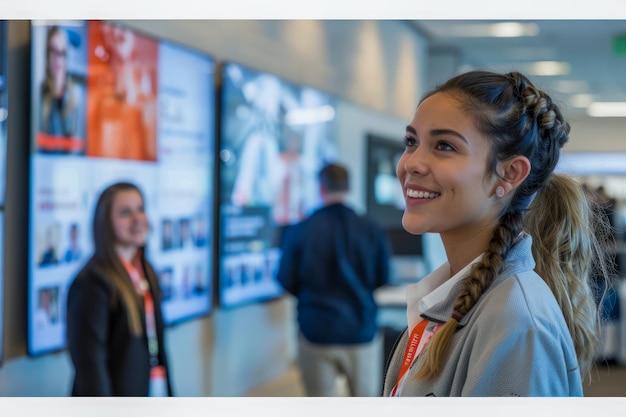 Smiling Young Professional Woman in Conference Hall with Digital Displays and Colleagues in