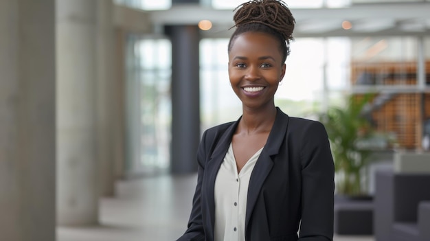 Smiling young professional woman posing confidently in a modern office setting