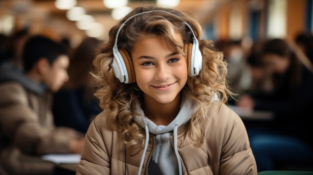 Smiling young teen girl wearing headphones in foreground at school