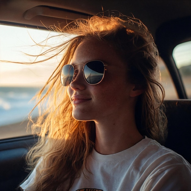 smiling young woman calmly driving her car at sunset car insurance concept