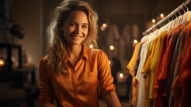 Smiling young woman choosing clothes at clothing store She is looking at the dressgenerative ai