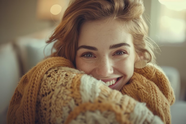 Smiling Young Woman Cuddling Cozy Knitted Sweater Enjoying Comfort and Warmth at Home