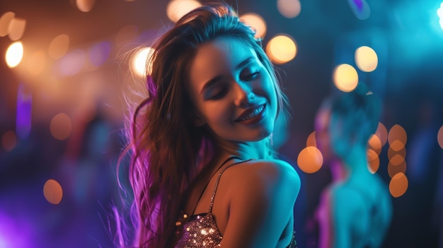 Smiling young woman dancing under vibrant nightclub lights