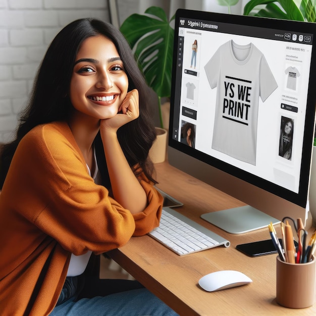 A smiling young woman designs tshirt with a laptop