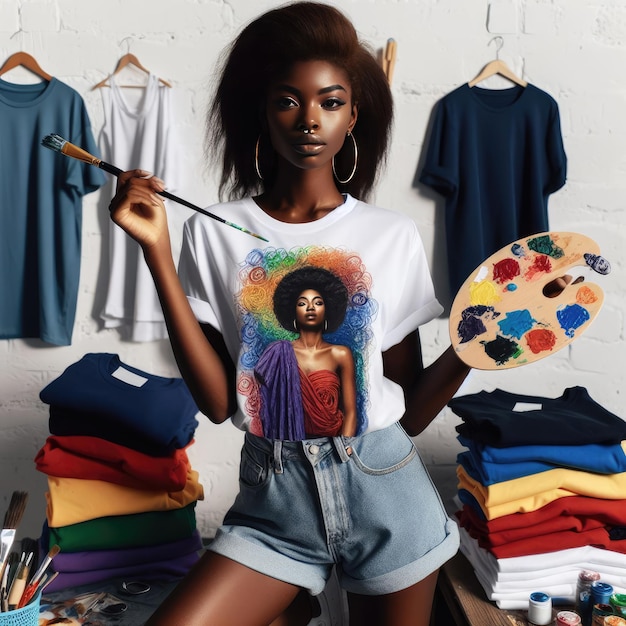 A smiling young woman designs tshirt with a laptop