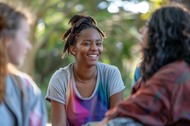 Smiling young woman enjoying a conversation with friends outdoors