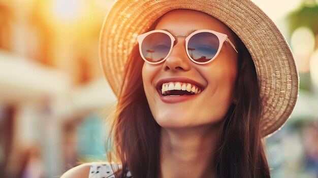 Smiling Young Woman Enjoying Summer in Stylish Outfit Radiating Happiness and Confidence